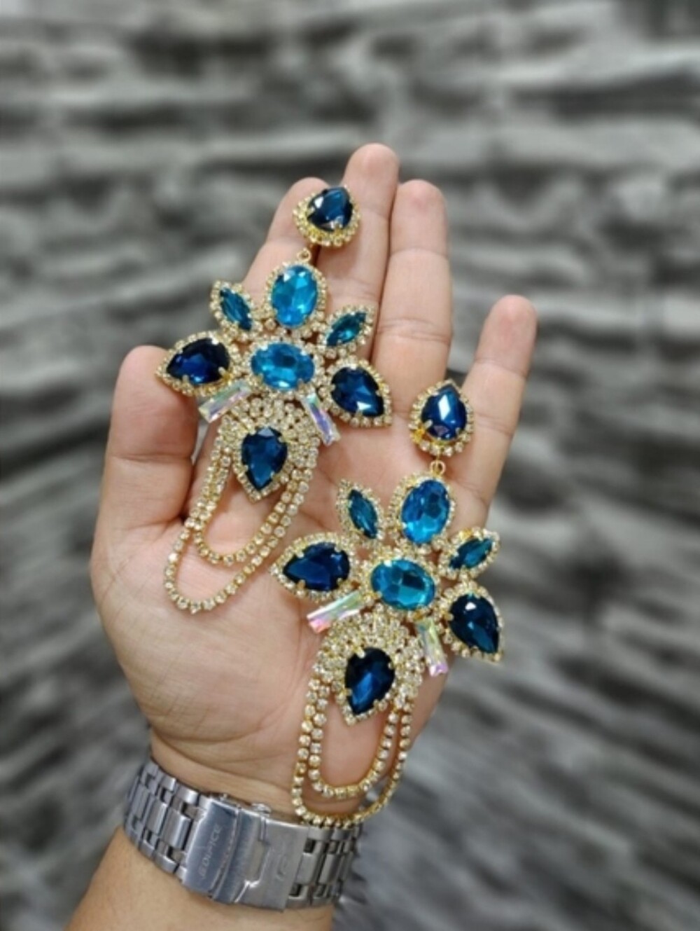 Elegant Blue Crystal Statement Earrings - Gold Tone